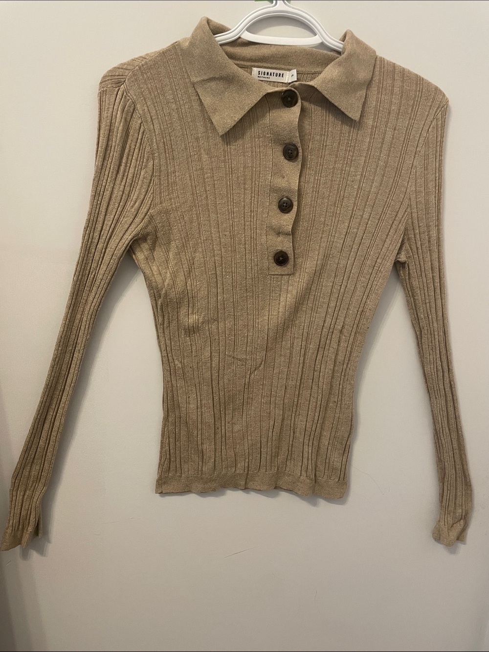Reitmans Tan Ribbed Button-Down Polo Top